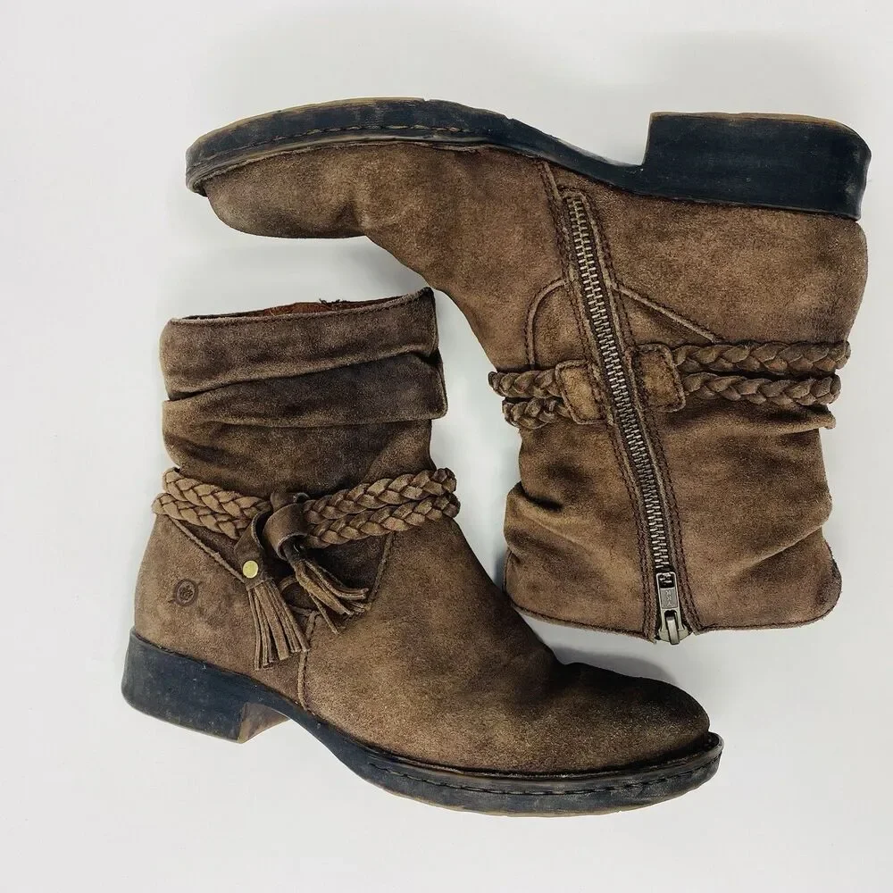 Born 7 Brown Ouvea Slouchy Zip Ankle Boots Distressed Suede Boho Western Braided